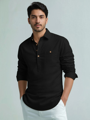 KNOWTED Men Solid A-line Kurta(Black)