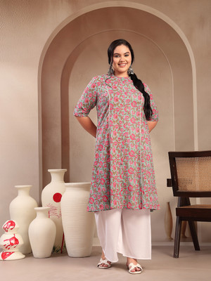 Little More By Stylum Women Floral Print A-line Kurta(Light Blue)