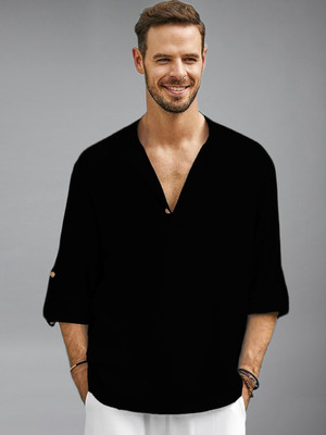 UNIFAV Men Solid Straight Kurta(Black)