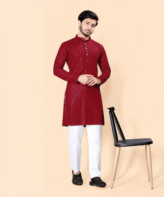 Shree Dutt Creation Men Chikan Embroidery Straight Kurta(Maroon)