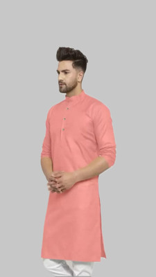 HouseOfCommon Men Solid A-line Kurta(Pink)