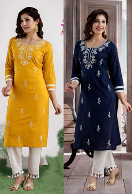 SISTO Women Chikan Embroidery A-line Kurta(Yellow, Blue)