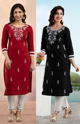 SISTO Women Chikan Embroidery Straight Kurta(Multicolor)