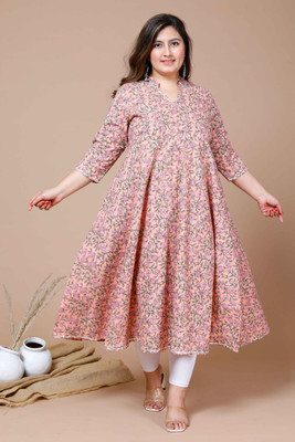 MIRAVAN Women Floral Print Anarkali Kurta(Orange)