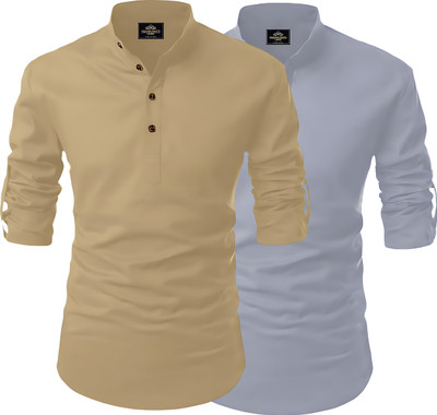 LIMRO Men Solid Straight Kurta(Gold, Grey)