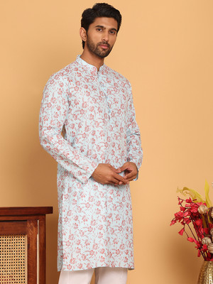 ANOUK Men Printed Straight Kurta(Light Blue)