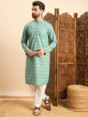 House of Pataudi Men Embroidered Straight Kurta(Light Green)