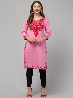 CROWN KING GARMENTS Women Embroidered Straight Kurta(Pink)