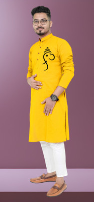 M Biswas Men Printed Straight Kurta(Yellow)