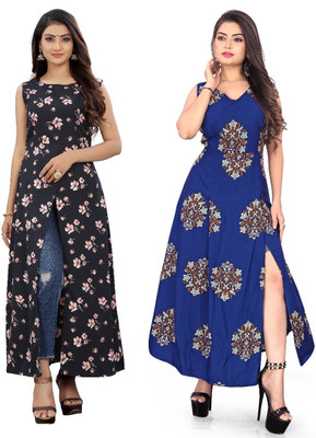 Hiral Creation Women Floral Print Frontslit Kurta(Blue)