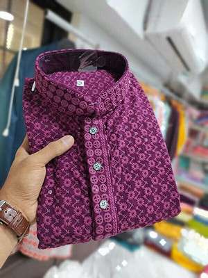PINK WISH Men Chikan Embroidery Straight Kurta(Purple)