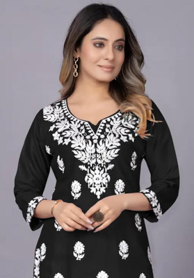 TIYASQA Women Chikan Embroidery A-line Kurta(Black)