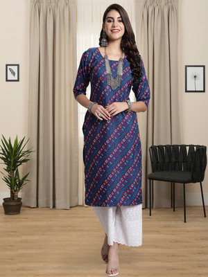 1 Stop Fashion Women Printed Straight Kurta(Dark Blue)