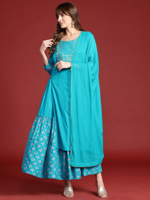 ANOUK Women Embroidered A-line Kurta(Blue)