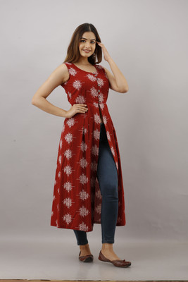 ftDiva Women Self Design Frontslit Kurta(Maroon)