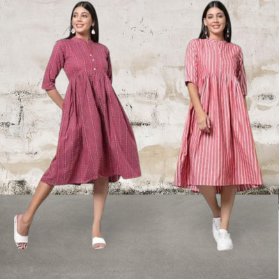 HouseOfCommon Women Striped Anarkali Kurta(Multicolor, Blue)
