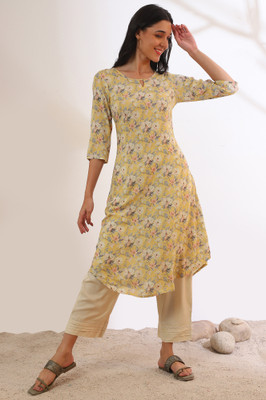 Aurelia Women Floral Print A-line Kurta(Yellow)