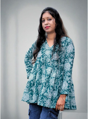 REEMO Women Printed Flared Kurta(Green, White)