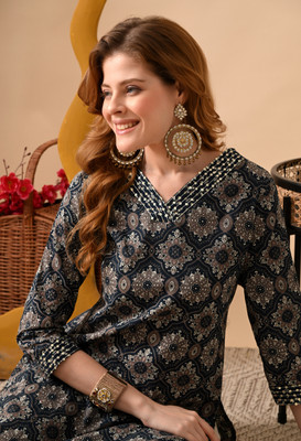 PHYSIL Women Embroidered, Printed Straight Kurta(Blue)