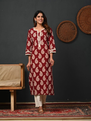 WGC Women Floral Print A-line Kurta(Maroon)