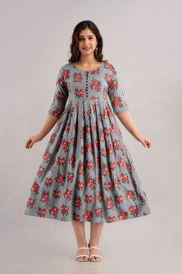 JAY SHRI SHYAM FASHION Women Fit and Flare Grey Midi/Calf Length Dress