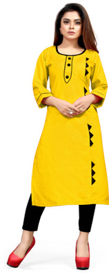 Maaa Meladi CreationS Women Applique Straight Kurta(Yellow)