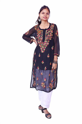 Ah creation Women Chikan Embroidery A-line Kurta(Black)