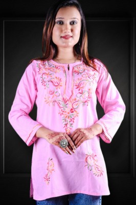 zhouse Women Chikan Embroidery A-line Kurta(Pink)