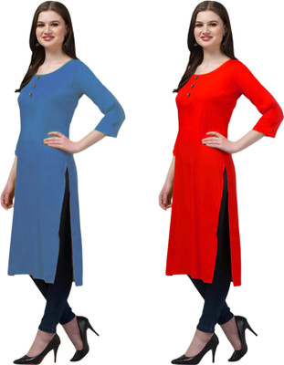Coft Women Solid Straight Kurta(Blue, Red)