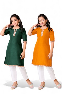 larixme Girls Solid, Embellished Straight Kurta(White, Blue, Green, Grey, Maroon, Orange, Yellow)