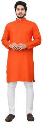 ART CURTAIN Men Solid Straight Kurta(Orange)