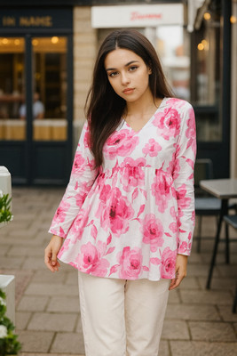 CLANGER Women Floral Print Flared Kurta(White)