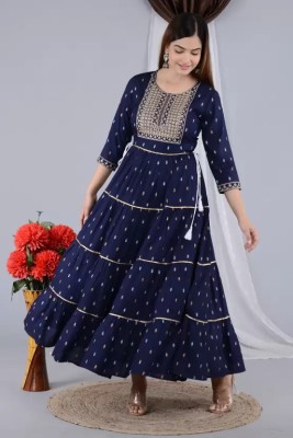 KHOWAL Women Polka Print Gown Kurta(Dark Blue)