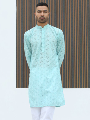 kraft india Men Embroidered Straight Kurta(Light Blue)