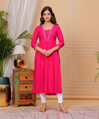 Tropwear Women Embroidered A-line Kurta(Pink)