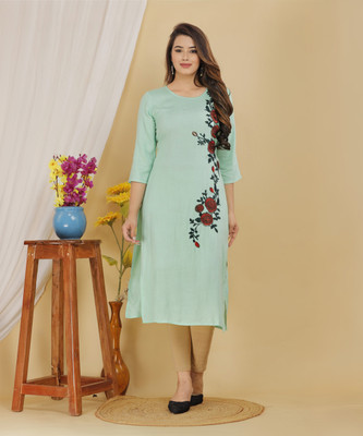 Mehsoos Women Embroidered Straight Kurta(Light Green)