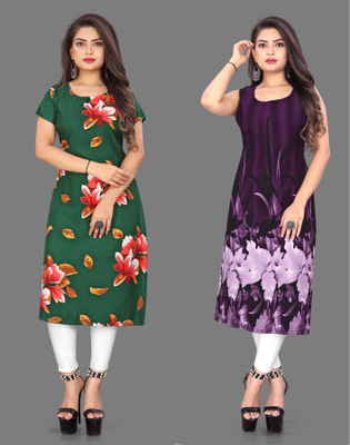 Hiral Creation Women Floral Print Straight Kurta(Green, Purple)