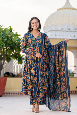 Janardan Women Self Design Flared Kurta(Blue)