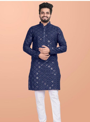 kingenterprise Men Self Design Straight Kurta(Blue)
