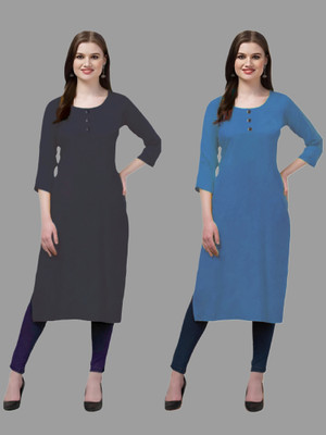 HOFC Women Solid Straight Kurta(Grey, Light Blue)
