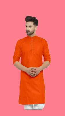 HouseOfCommon Men Solid A-line Kurta(Orange)