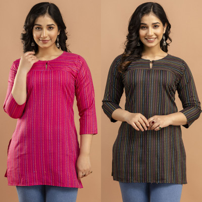 SarojAttire Women Self Design, Polka Print A-line Kurta(Pink, Black)