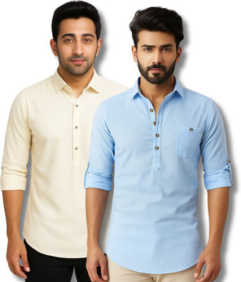 ClothTheory Men Solid Straight Kurta(Beige, Light Blue)