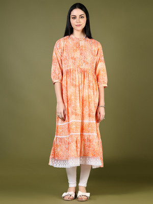 V-MART Women Printed A-line Kurta(Orange)