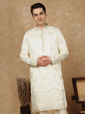Sanwara Men Floral Print Ethnic Dress Kurta(White)