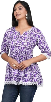 NEW4U Women Printed Flared Kurta(Blue)