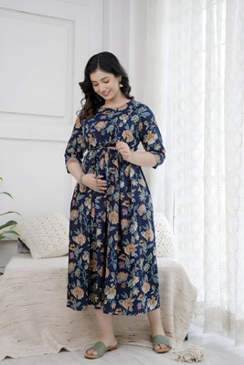 Khoj Bagda Women Floral Print Anarkali Kurta(Blue)