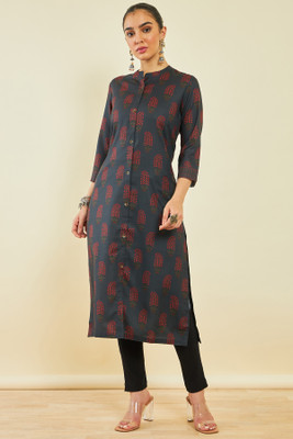 soch Women Floral Print Straight Kurta(Grey)