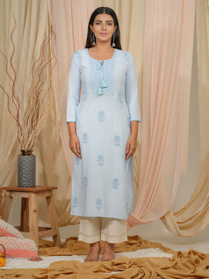 Ode by House of Pataudi Women Embroidered Straight Kurta(Blue)