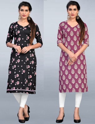 maruti fab Women Printed Straight Kurta(Black, Pink)